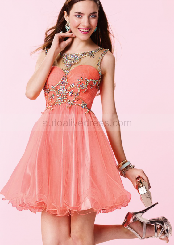 Coral Tulle Beaded V Sexy Back Knee Length Prom Dress 